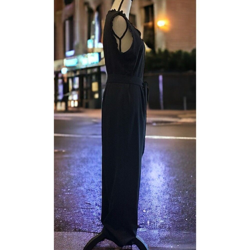 Emma & Michele Womens V Neck Ruffle Jumpsuit Size 10 Black Zipper Tie - Picture 15 of 16